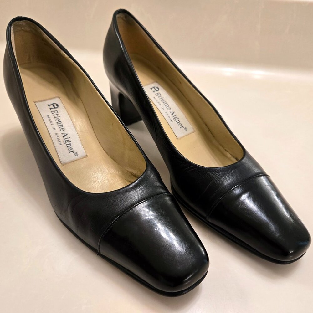 Etienne Aigner STRADA vintage black leather block heels pumps size 6N elegant